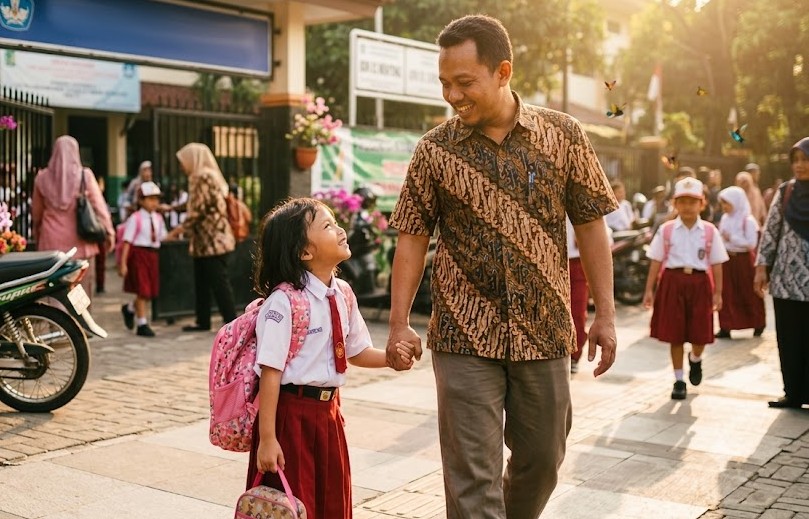 Hari Pertama Sekolah di Kerinci, Ayah Kompak Antar Anak ke Sekolah